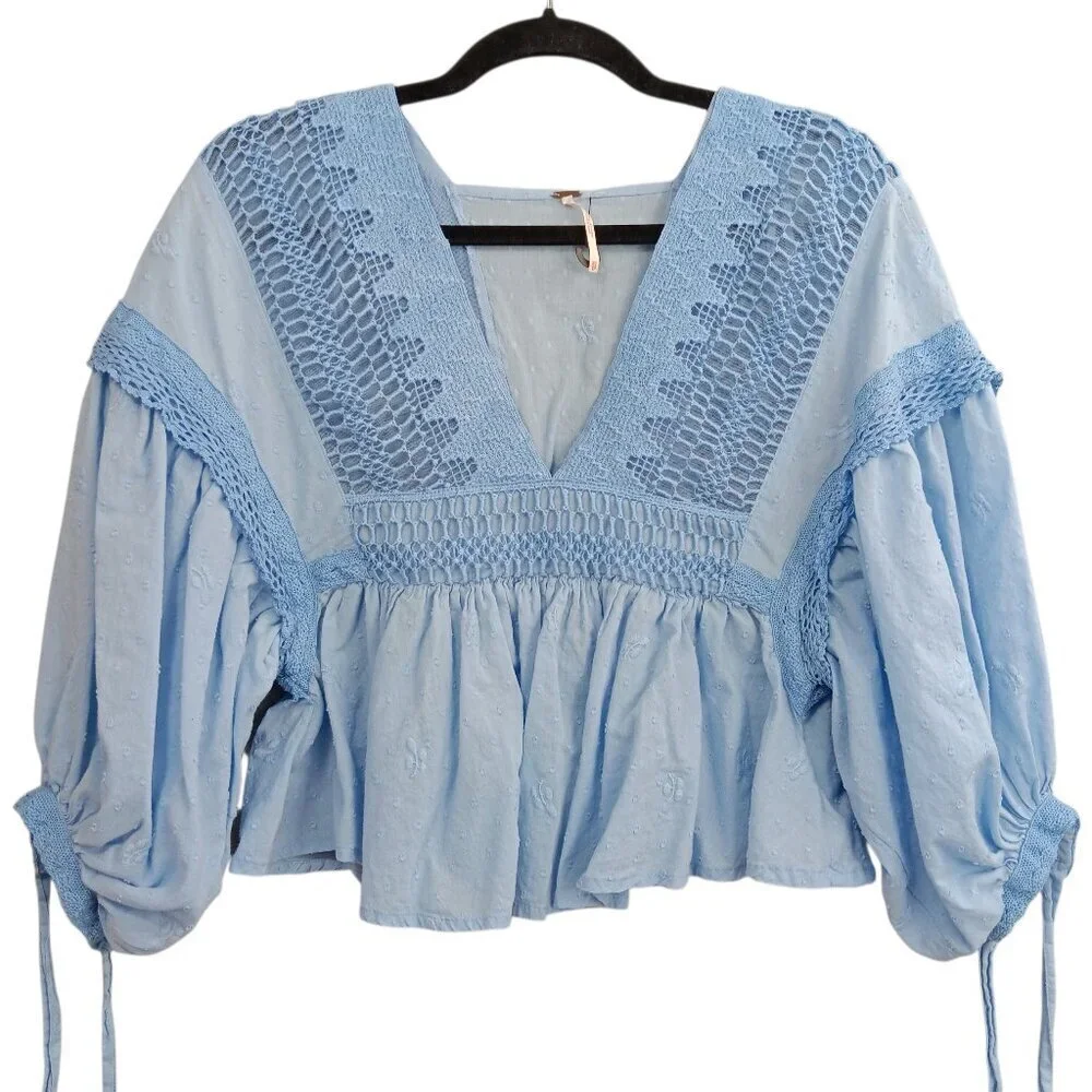 Free People Drive You Mad Women Blue Crocheted Crop Puff Sleeve Top XS Peplum